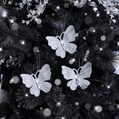 Melody Maison Set of 3 Silver Glitter Jewelled Butterfly Christmas Decorations - 10cm