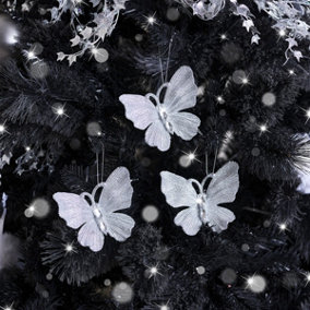 Melody Maison Set of 3 Silver Glitter Jewelled Butterfly Christmas Decorations - 10cm