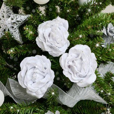 Melody Maison Set of 3 White Velvet Glitter Rose Clip Christmas Decoration - 10cm