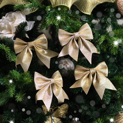 Melody Maison Set of 4 Gold Glitter Bow Christmas Decorations 12cm