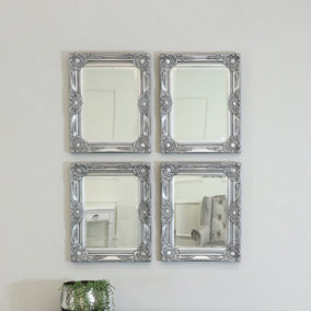 Melody Maison Set of 4 Ornate Silver Wall Mirrors With Bevelled Glass