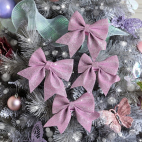 Melody Maison Set of 4 Pink Glitter Bows - Christmas Tree Decoration