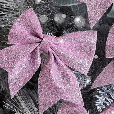 Melody Maison Set of 4 Pink Glitter Bows - Christmas Tree Decoration