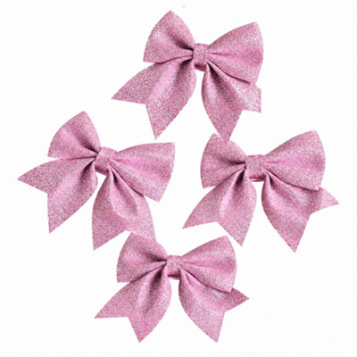 Melody Maison Set of 4 Pink Glitter Bows - Christmas Tree Decoration