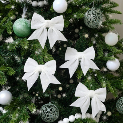 Melody Maison Set of 4 White Glitter Christmas Bows