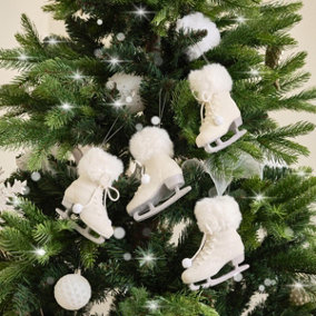 Melody Maison Set of 4 White & Silver Glitter Fur Ice Skate Baubles