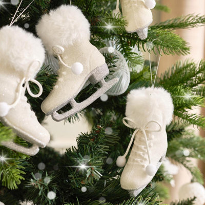 Melody Maison Set of 4 White & Silver Glitter Fur Ice Skate Baubles