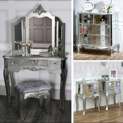 Melody Maison Silver Mirrored Bedroom Furniture, Chest of Drawers, Dressing Table Set & Bedside Tables - Tiffany Range