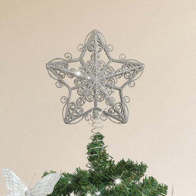 Melody Maison Silver Ornate Glitter Star Christmas Tree Topper