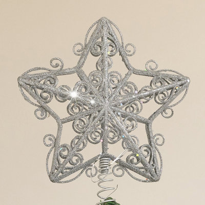Melody Maison Silver Ornate Glitter Star Christmas Tree Topper