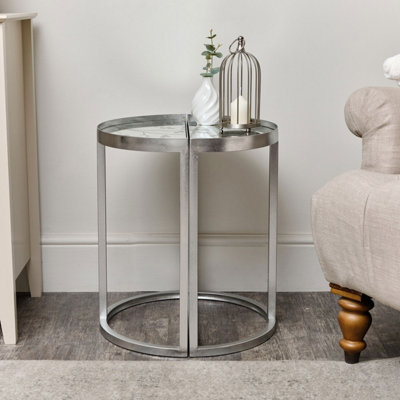 Melody Maison Silver Set of 2 Semi Circle Printed Mirrored Side Table