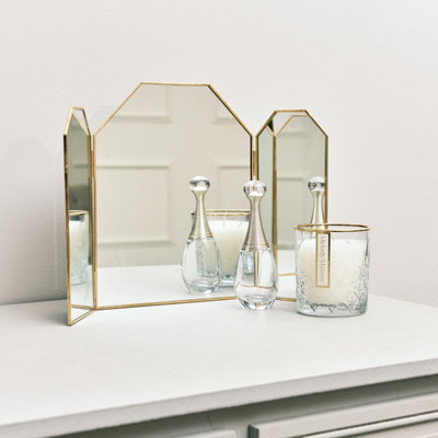 Melody Maison Small Gold Triple Dressing Table Mirror 41cm x 25.5cm