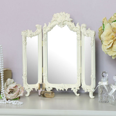 Melody Maison Small Ornate Cream Rose Triple Mirror  - 38cm x 38cm