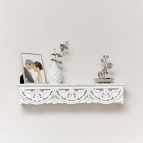 Melody Maison White Wooden Carved Boho Wall Shelf - 60cm
