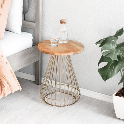 Melody Round Solid Wood Top with Metal Case Design Bedside Side Table Sofa Side Table in Gold and Natural
