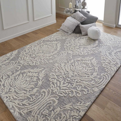 Melrose 100% Wool Made Grey Ivory Coloured Contemporary Pattern Large ...