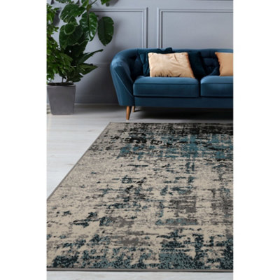 Melrose Abstract Faded Design Grey Teal Blended Colours Indoor Large Area Rug 160x230cm