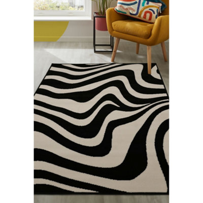 Melrose Colorama Wavey Black White Pattern Design Indoor Medium Area Rug 120/170cm