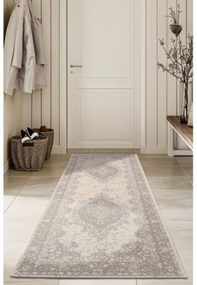 Melrose Eden Medallion Silver Coloured Indoor Outdoor Area Runner Rug 10mm Pile Height - 67/200cm