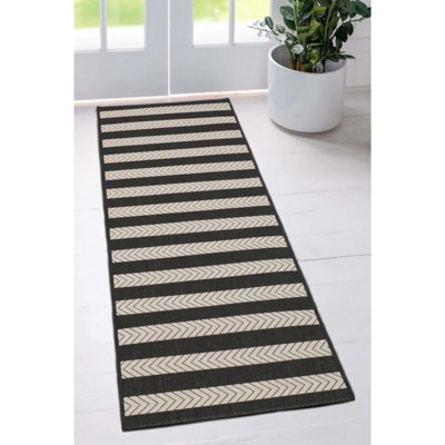 Melrose Eden Monochrome Stripe Design Pile Height 3mm Indoor Outdoor Area Runner Rug - 67/200cm