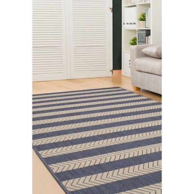 Melrose Eden Navy Stripe Design Pile Height 3mm Indoor Outdoor Medium Area Rug - 120/170cm