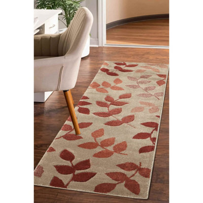 Melrose Leaf Red Geometric Design Medium Indoor Area Runner Rug 060/200