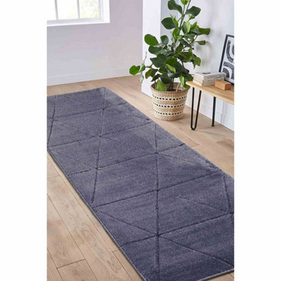 Melrose Solid Blue Lines Design Indoor Area Runner Rug 12mm Pile Height ...
