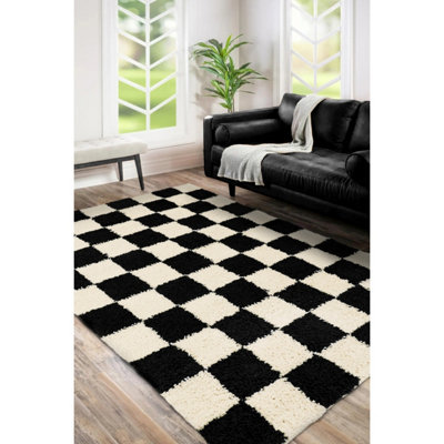 Melrose Super Soft Venus Shaggy Snuggly Checked Black & White Area Rug 120/170cm
