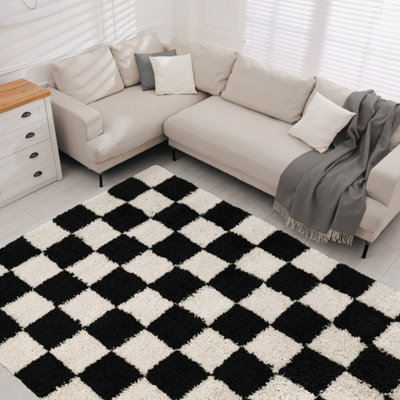 Melrose Super Soft Venus Shaggy Snuggly Checked Black & White Area Rug 120/170cm