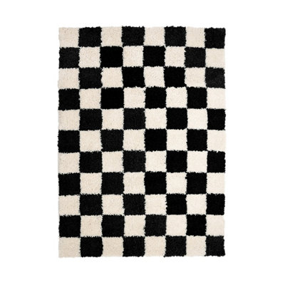 Melrose Super Soft Venus Shaggy Snuggly Checked Black & White Area Rug 120/170cm