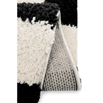 Melrose Super Soft Venus Shaggy Snuggly Checked Black & White Area Rug 120/170cm