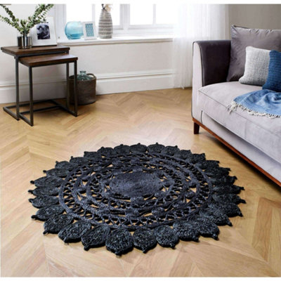 Melrose Zarla 100% Jute Black Round Area Rug 1cm Pile Height 120/120cm