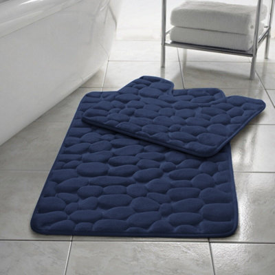 2pc Memory Foam Striped Bath Mat Set Blue - Yorkshire Home