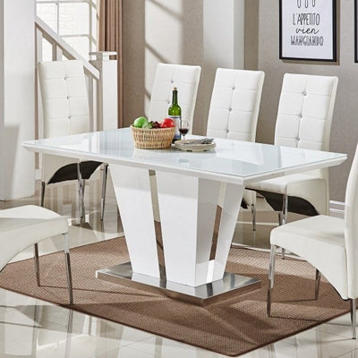 Memphis Large High Gloss Dining Table In White With Glass Top