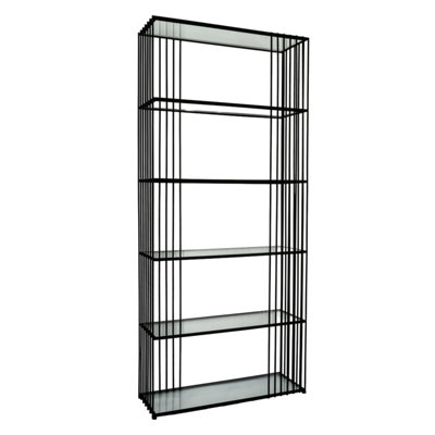 Memphis Minimalist Black Metal Tall Shelving Unit with Glass Shelves