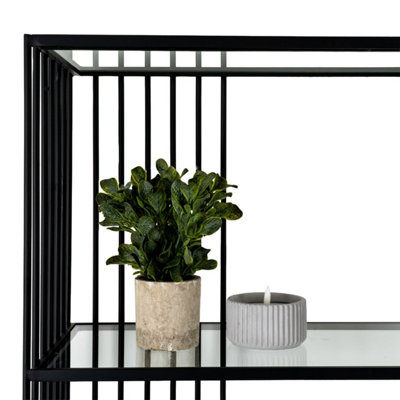 Memphis Minimalist Black Metal Tall Shelving Unit with Glass Shelves