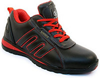 Mens Safety Trainers Shoes Boots Work Steel Toe Cap Hiker Ankle Black Red Leather Size 9 UK