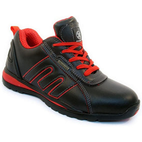 Mens Safety Trainers Shoes Boots Work Steel Toe Cap Hiker Ankle Black Red Leather Size 9 UK