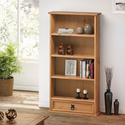 Mercers Furniture Corona 1 Drawer Media Rack DVD Small Bookcase 4 Shelf Display Storage Unit Solid Pine with Mexican Styling