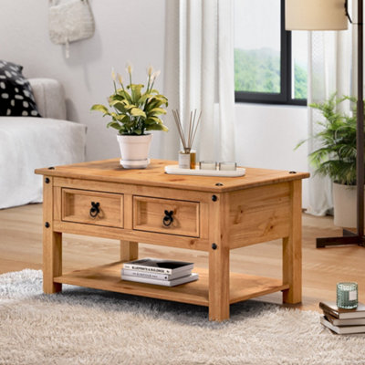 Mercers Furniture Corona 2 Drawer 1 Shelf Coffee Table Solid Pine with Mexican Styling