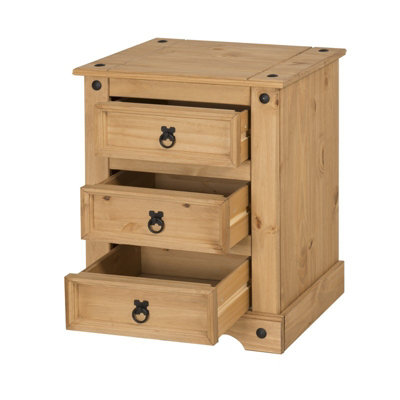 Mercers Furniture Corona 3 Drawer Bedside Table Chest Cabinet Solid Pine with Mexican Styling