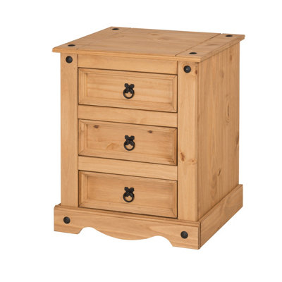 Mercers Furniture Corona 3 Drawer Bedside Table Chest Cabinet Solid Pine with Mexican Styling