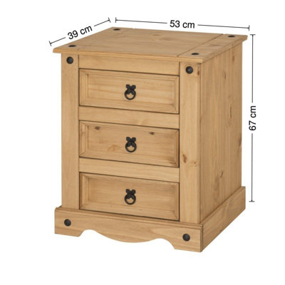 Mercers Furniture Corona 3 Drawer Bedside Table Chest Cabinet Solid Pine with Mexican Styling