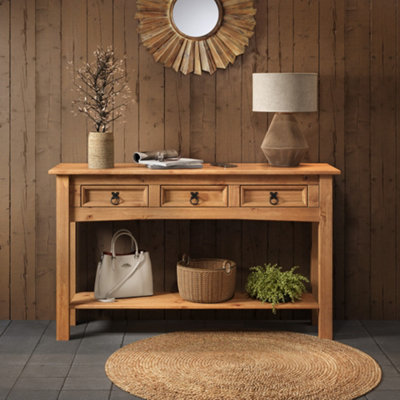 Mercers Furniture Corona 3 Drawer Console Table Hallway Side Unit Solid Pine with Mexican Styling