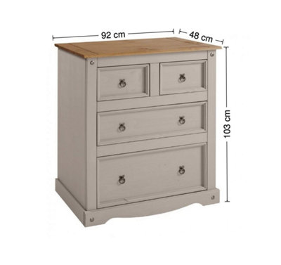 Mercers Furniture Corona Grey Wax 2+2 Chest of 4 Drawers Solid Pine with Mexican Styling