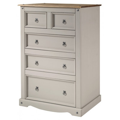 Mercers Furniture Corona Grey Wax 2+3 Chest of 5 Drawers Solid Pine with Mexican Styling