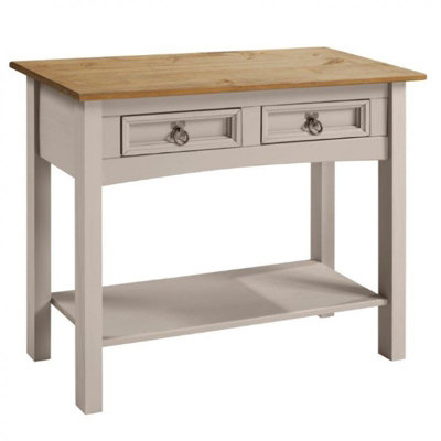 Mercers Furniture Corona Grey Wax 2 Drawer Console Table 1 Shelf Hallway Side Unit Solid Pine with Mexican Styling