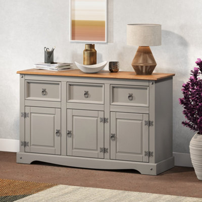 Mercers Furniture Corona Grey Wax 3 Door 3 Drawer Sideboard Solid Pine with Mexican Styling