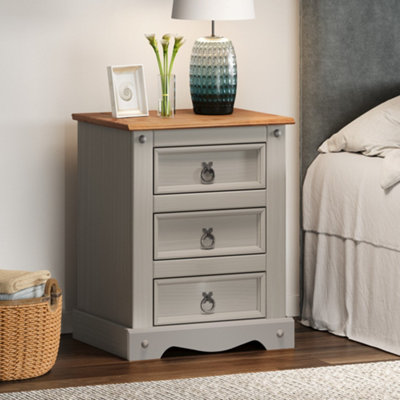 Mercers Furniture Corona Grey Wax 3 Drawer Bedside Cabinet Chest Table Solid Pine with Mexican Styling