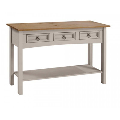 Mercers Furniture Corona Grey Wax 3 Drawer Console Table 1 Shelf Hallway Side Unit Solid Pine with Mexican Styling